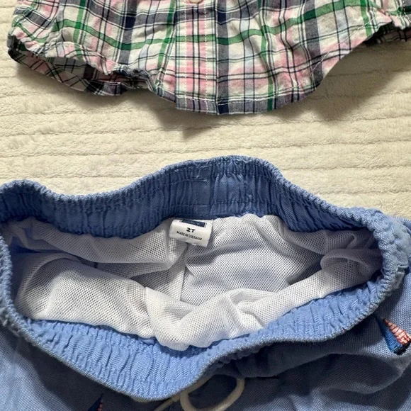 Janie and Jack Plaid Shirt, Blue Shorts, and Green Pants Set - Picture 6 of 7